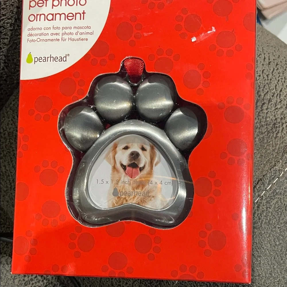 Pearhead Black Paw Print Pet Photo Ornament with Red Ribbon